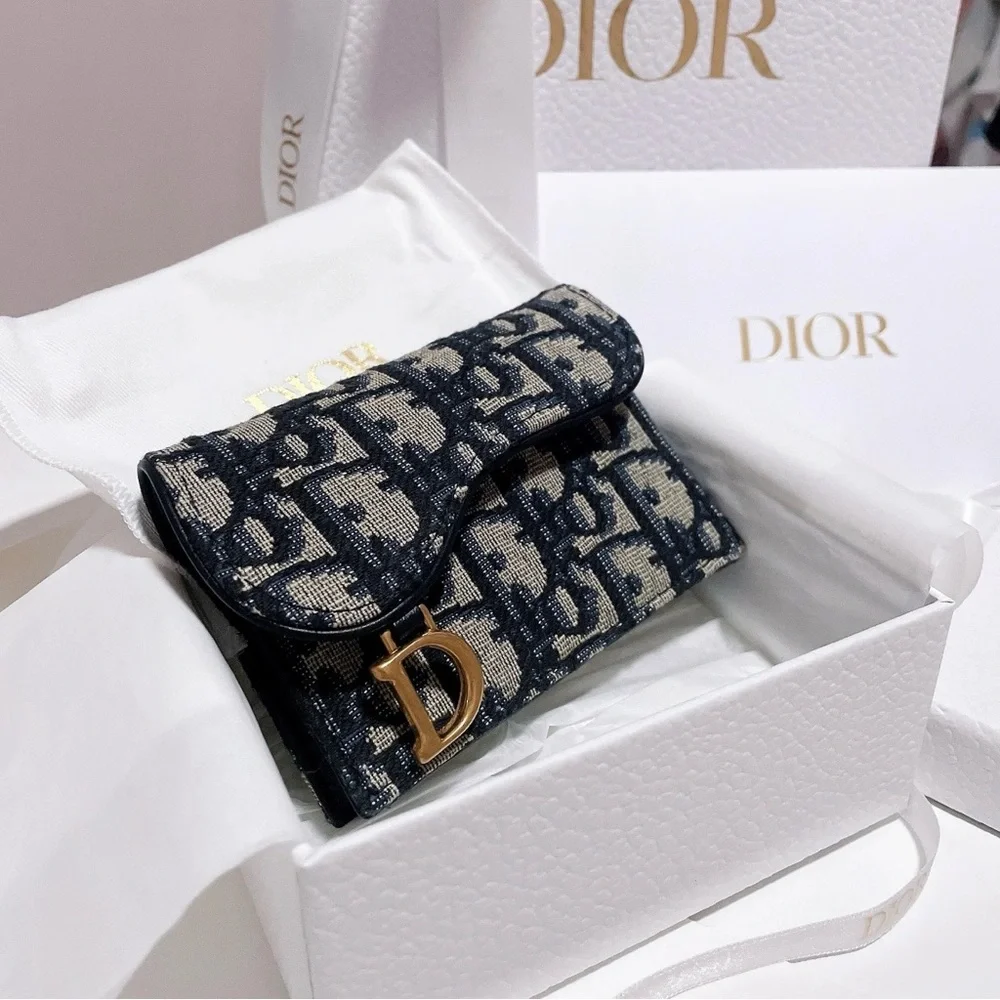 Dior Blue and Beige Jacquard Mini Wallet with Gold 'D' Charm